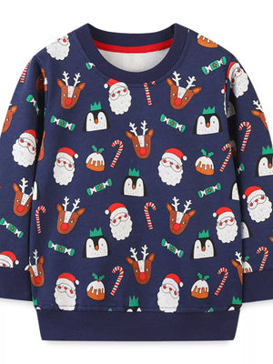 Children's dark navy Christmas print cotton crew neck sweatshirt with Santa, reindeer, penguins, candy canes, and puddings.