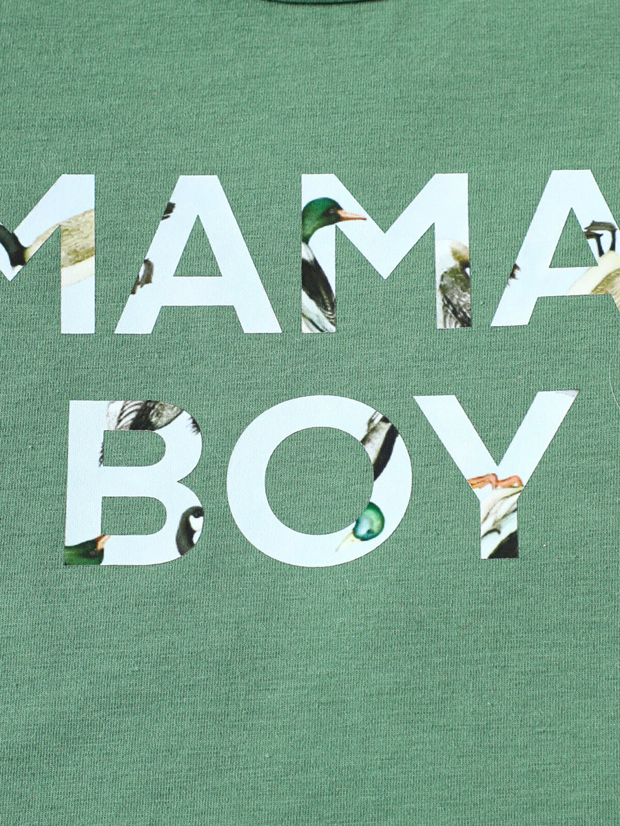 Mama's Boy graphic tee in caramel cotton blend with duck print inside letters