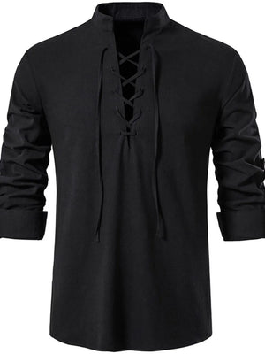Black linen shirt with mandarin collar and lace-up detail.