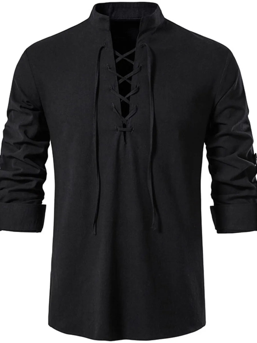 Black linen shirt with mandarin collar and lace-up detail.