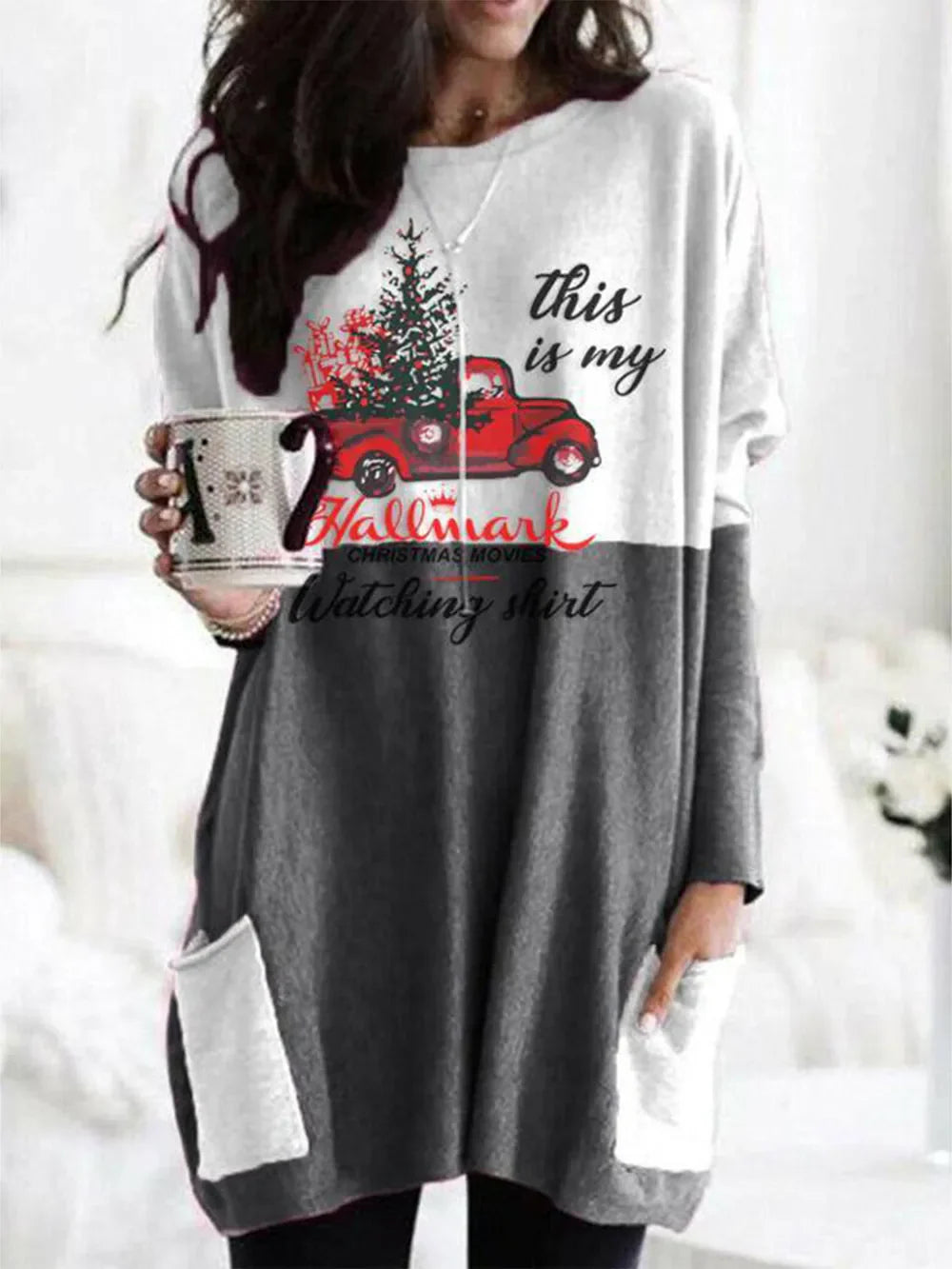 Gray colorblock tunic dress with Christmas truck graphic and pockets.