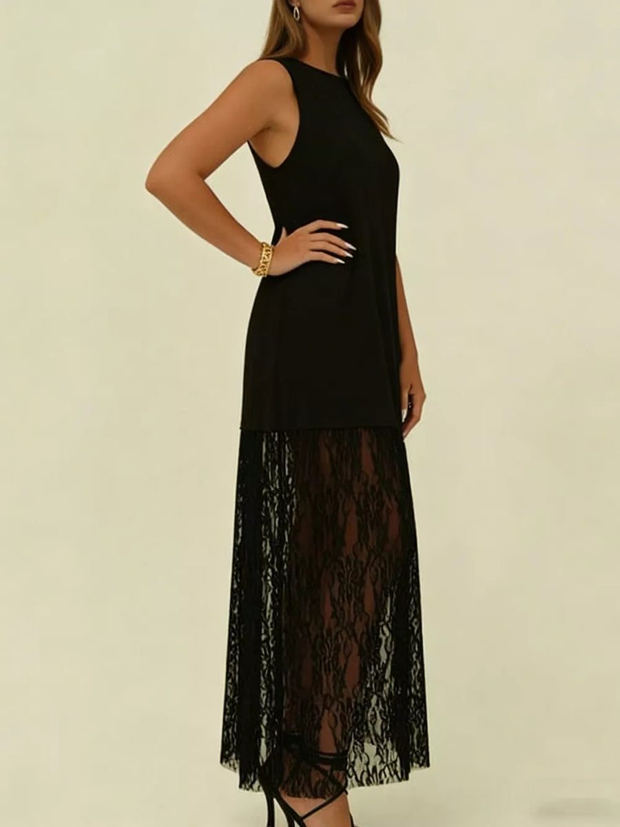 Black sleeveless maxi dress with sheer lace hem and crew neck.