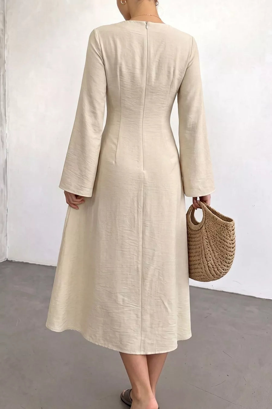 Beige with Ruched Long Sleeve Midi Dress in Beige
