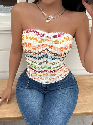 Vibrant floral print ruched tube top with a sweetheart neckline and lace trim.