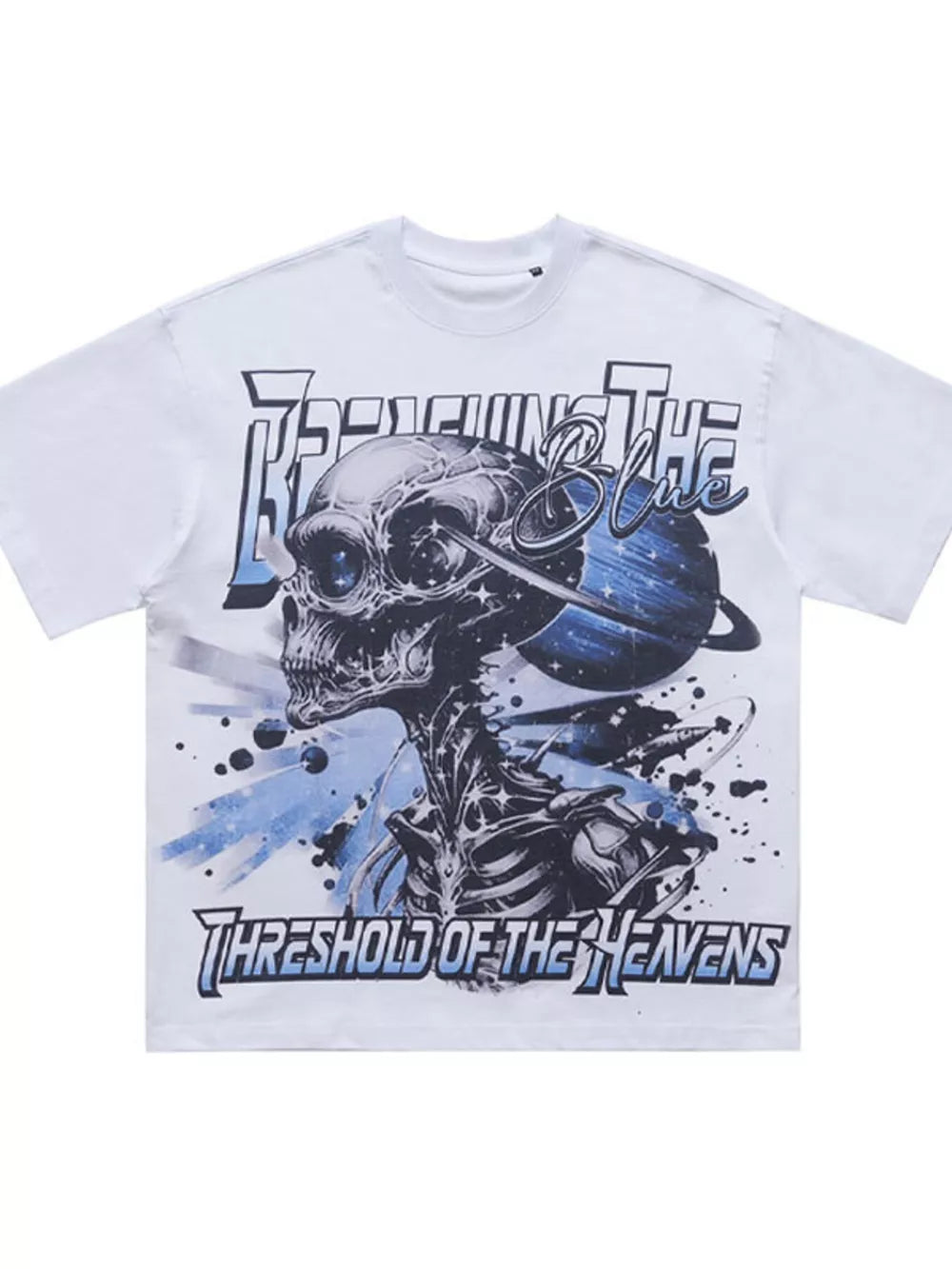 White t-shirt with bold skull graphic and text, short sleeves, crew neck.