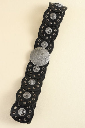 Black faux leather belt with round disc embellishments and silver-tone hardware.