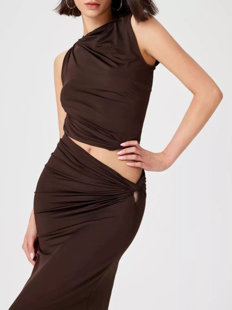 Asymmetrical Ruched Knit Top And Skirt Set in Yellow Green