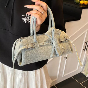 Blue Denim Bow Accent Crossbody Bag