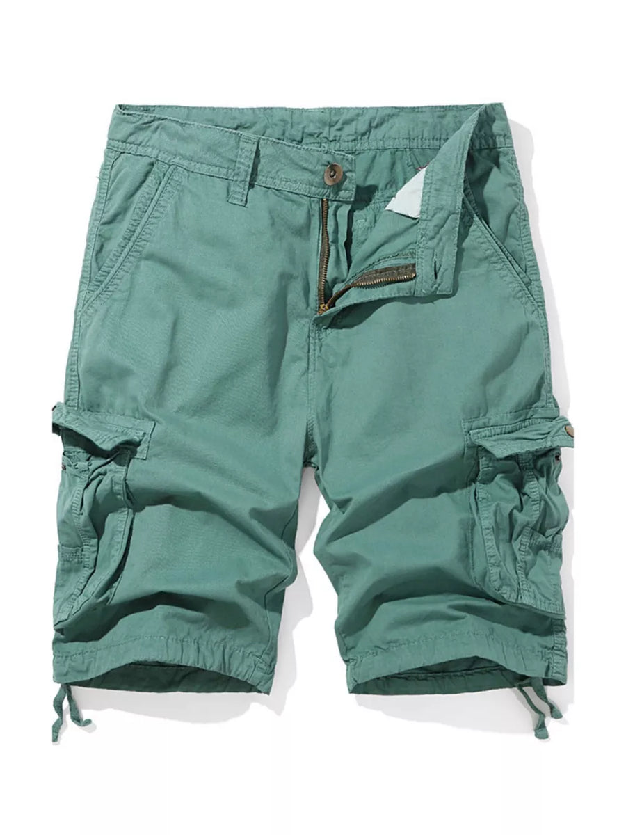 Men's army green cargo shorts with button and zip fly, multiple pockets, and drawstring hems.