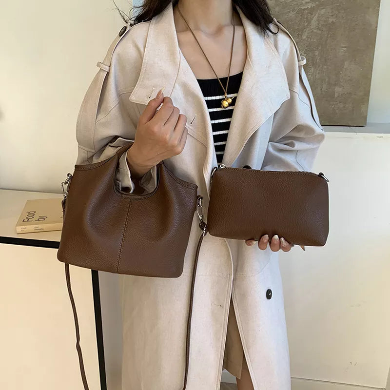 Khaki Textured Leather Crossbody Bag With Pouch