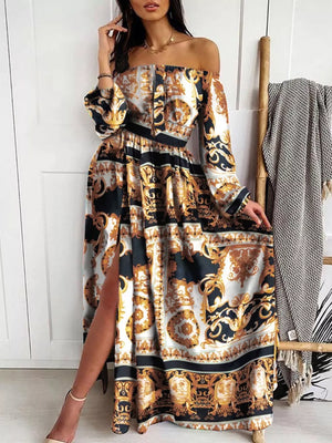 Off-shoulder maxi dress with baroque print, balloon sleeves, and a high slit.