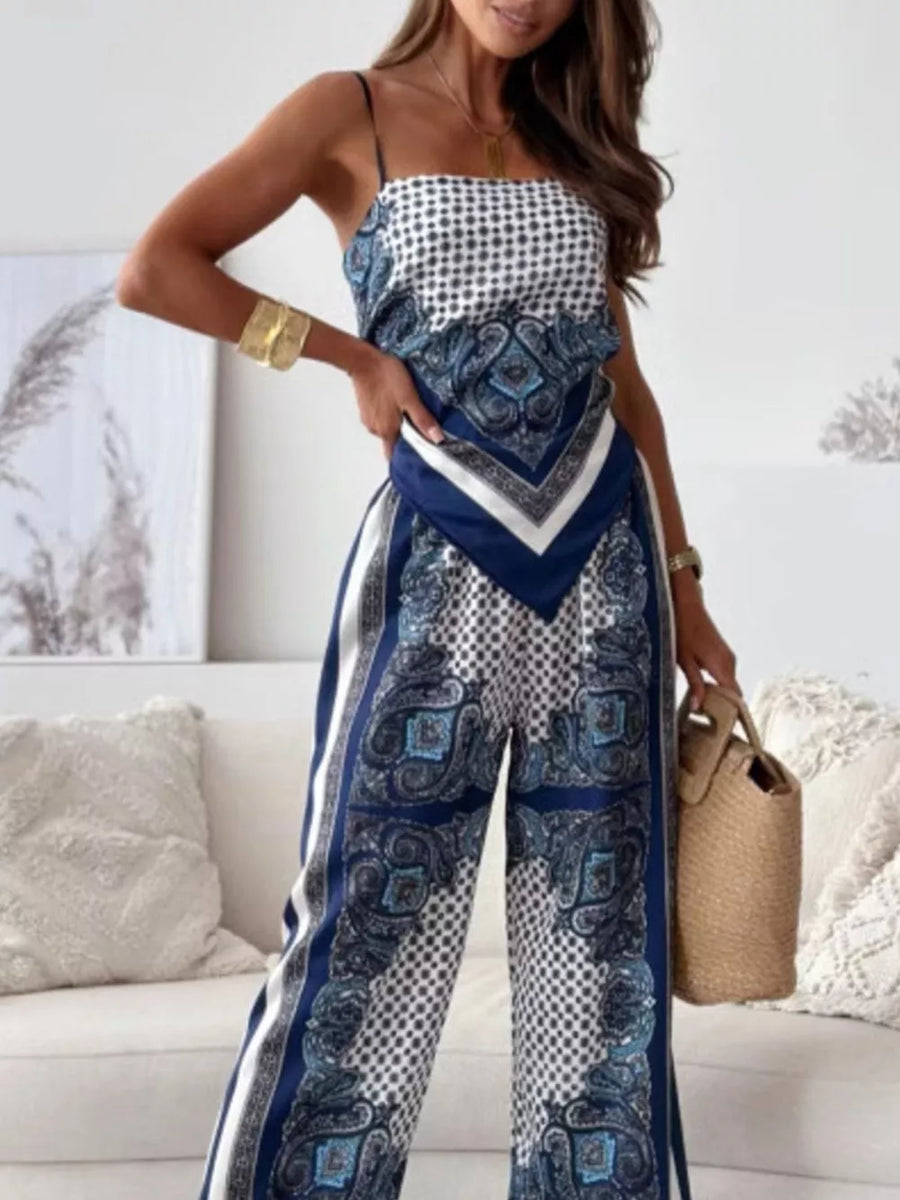 Chic printed cami and wide-leg pants set in Peacock Blue with paisley and dot patterns.