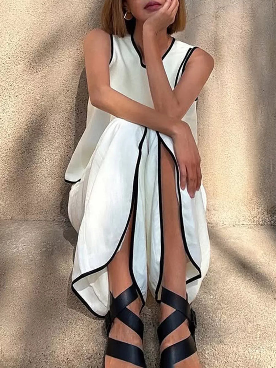 Sleek contrast trim top and wide-leg pants set in White and Light Blue cotton blend.