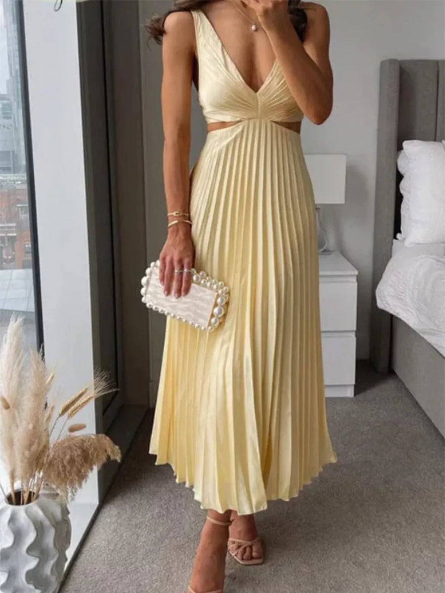 Red Elegant Pleated Midi Dress With Cut-outs