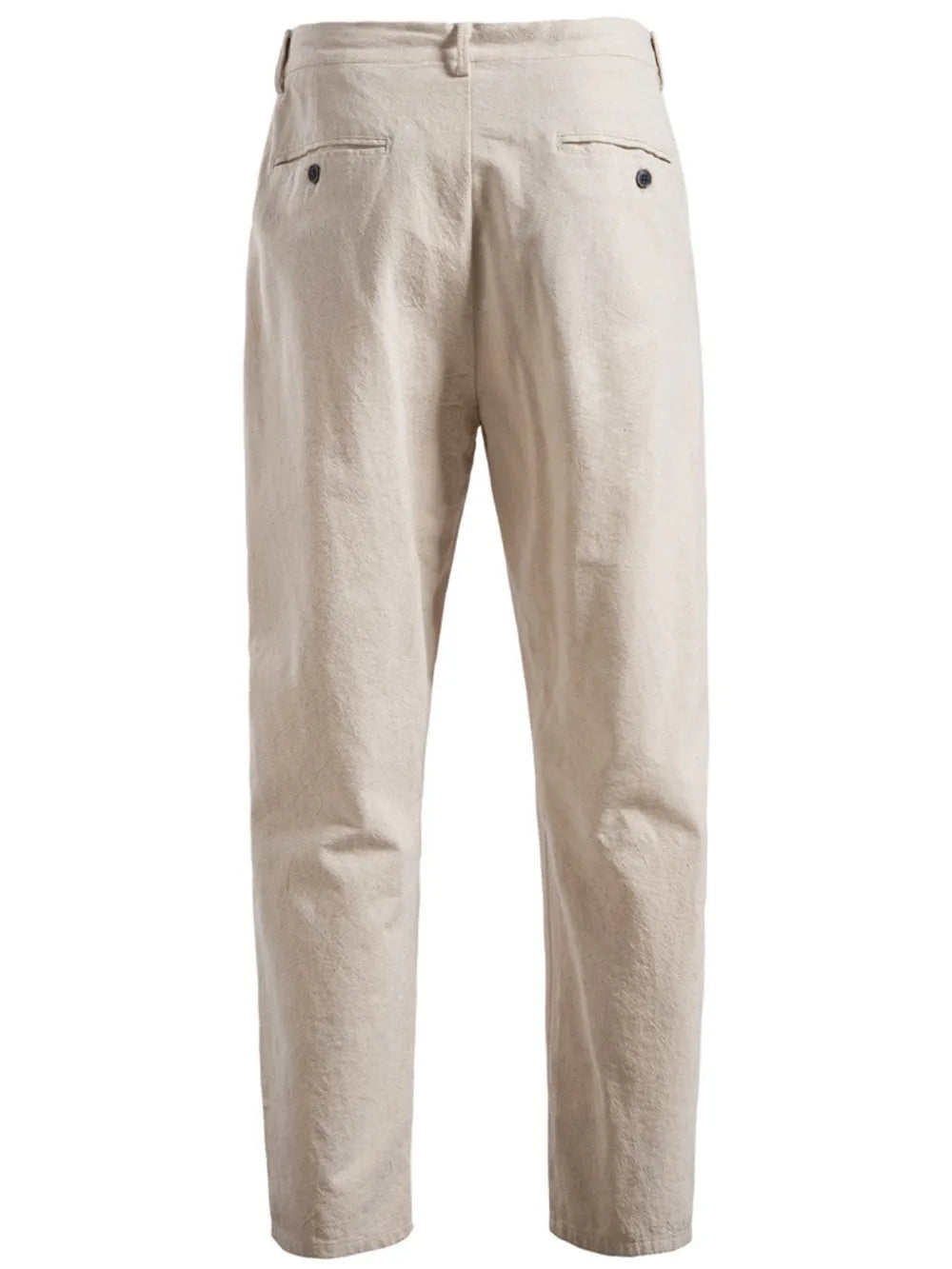 Beige linen drawstring trousers with back pockets and button details.