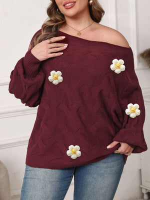 burgundy pullover sweater with geometric and one-shoulder