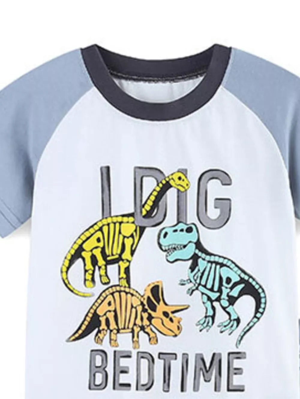 Toddler cotton crew neck sleep shirt with dinosaur skeleton graphic and "BIG BEDTIME" text.