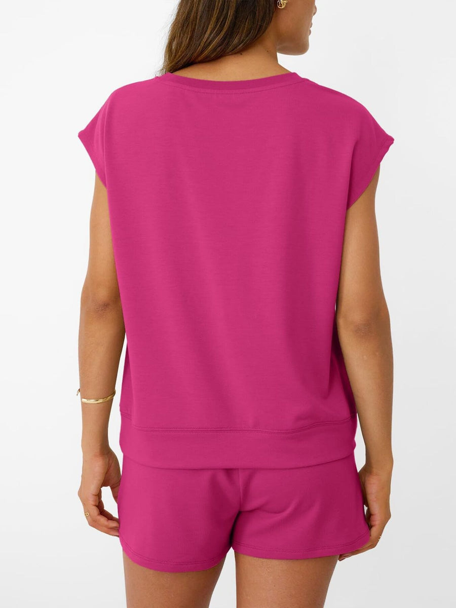 Round neck cap sleeve loungewear set in Rose Red, with drawstring shorts.