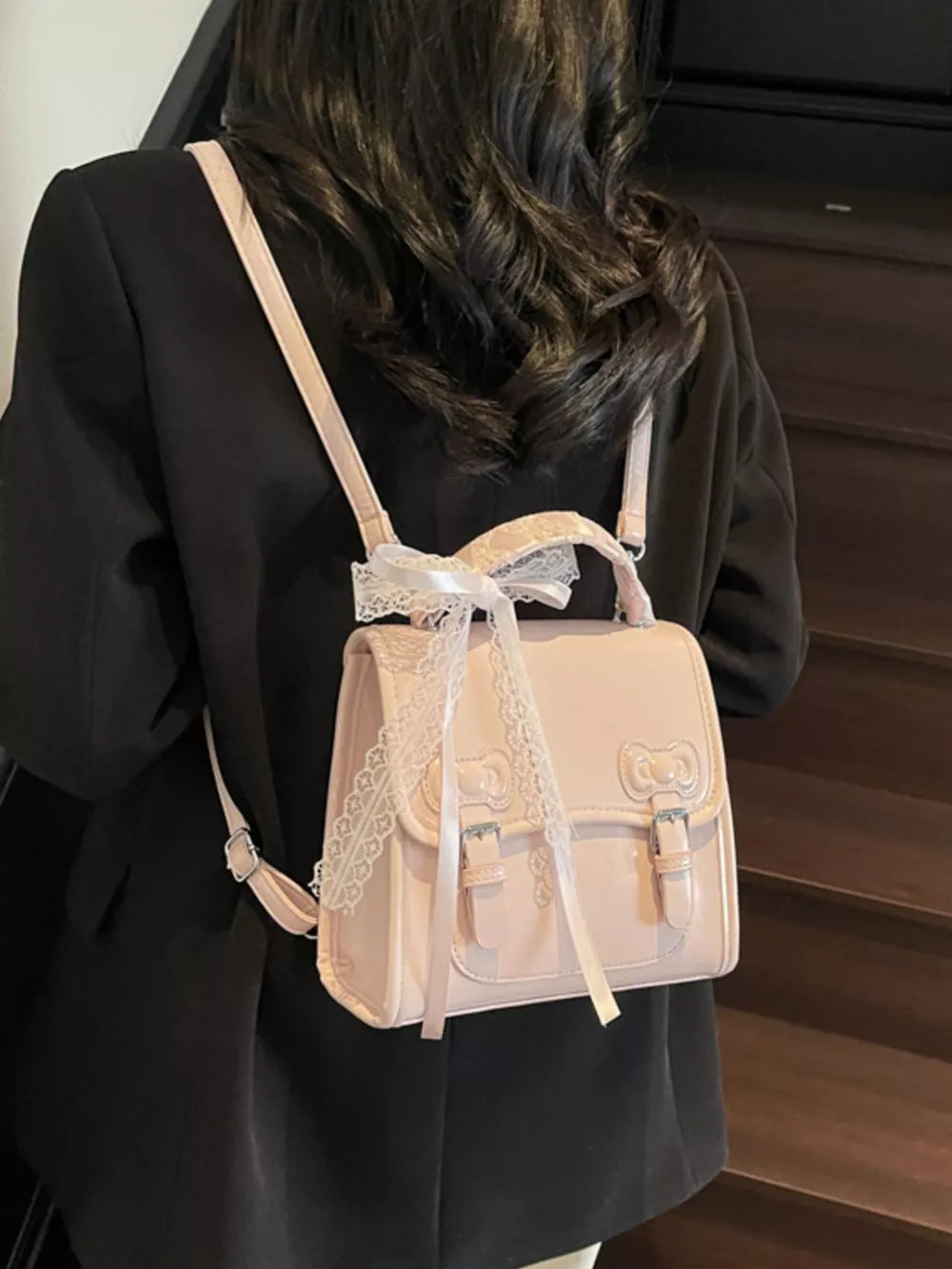 Pu Leather Small Backpack Bag in Pink with buckle straps