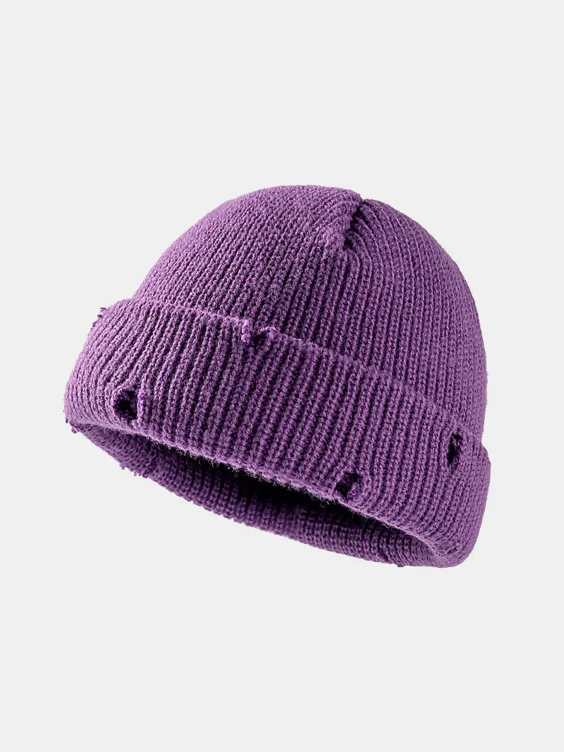 Purple distressed ribbed knit beanie with raw edge detail