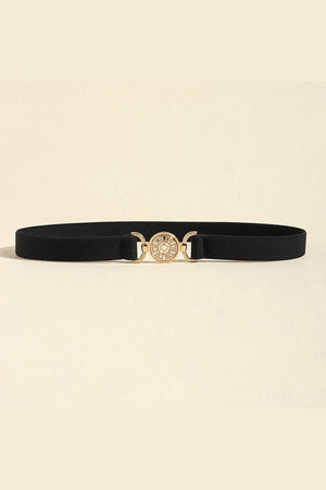 Black elasticated belt with a gold medallion buckle and alloy details