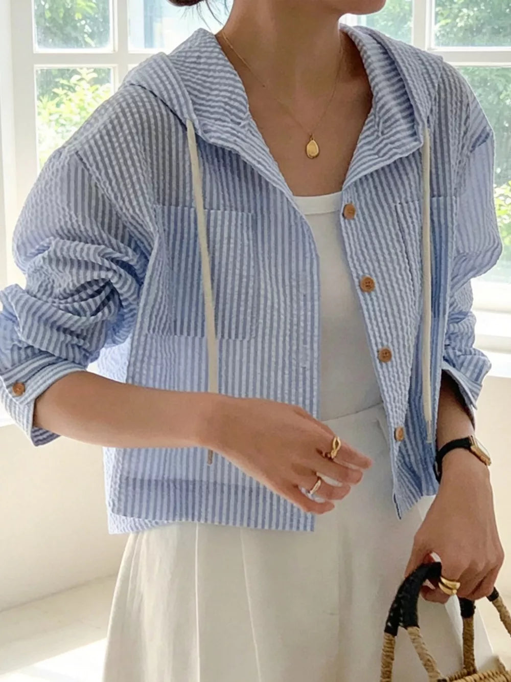 Blue Striped Hooded Shirt With Drawstring