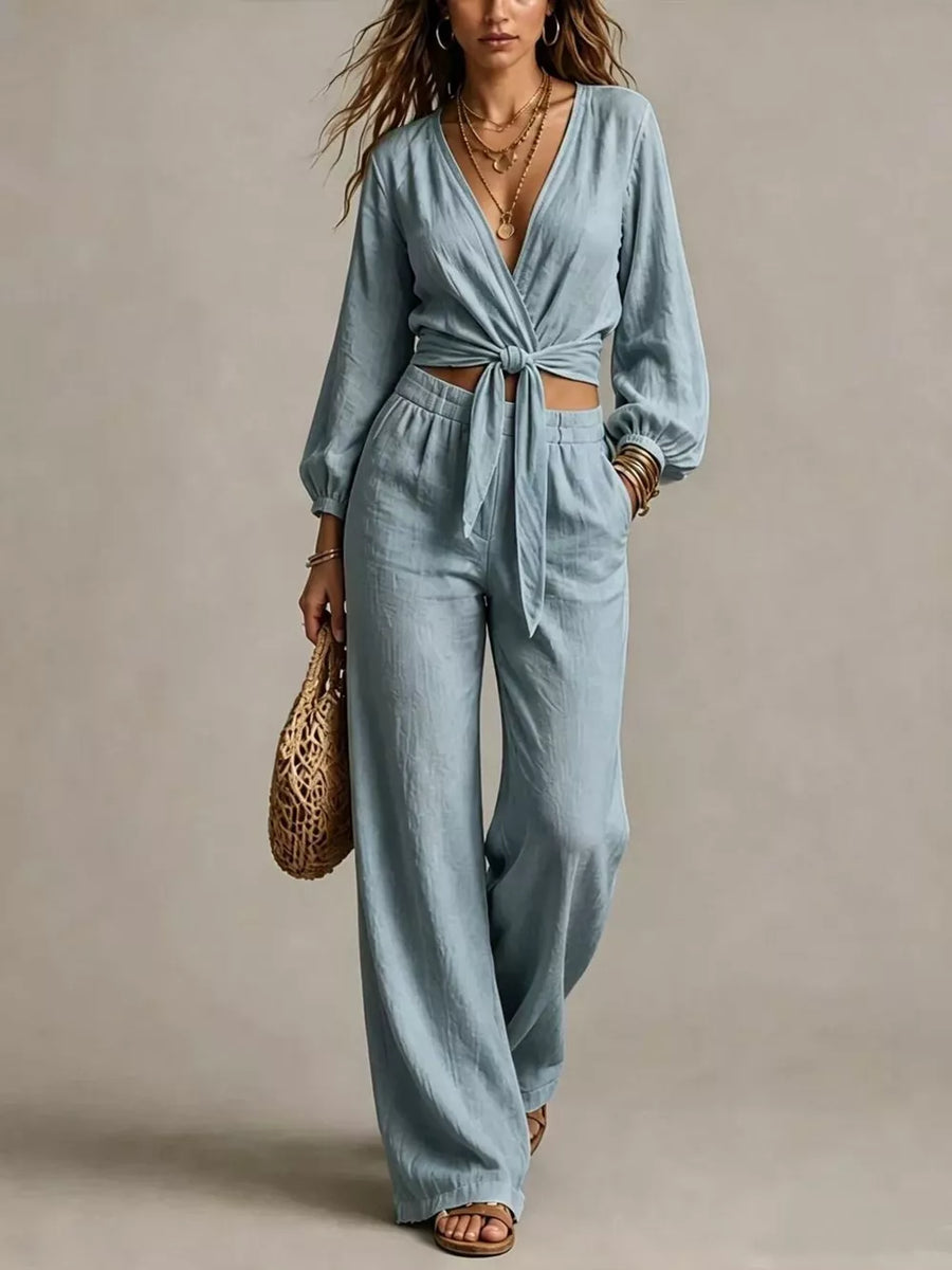Khaki relaxed Two-Piece Set with v-neck