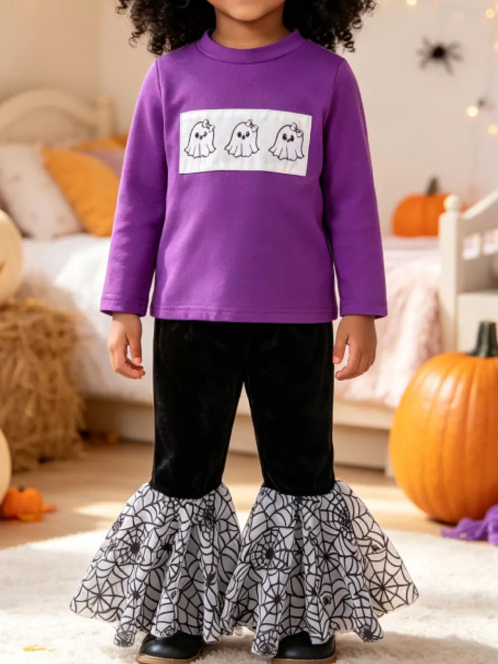 Purple pajama set with bell bottom and long sleeve