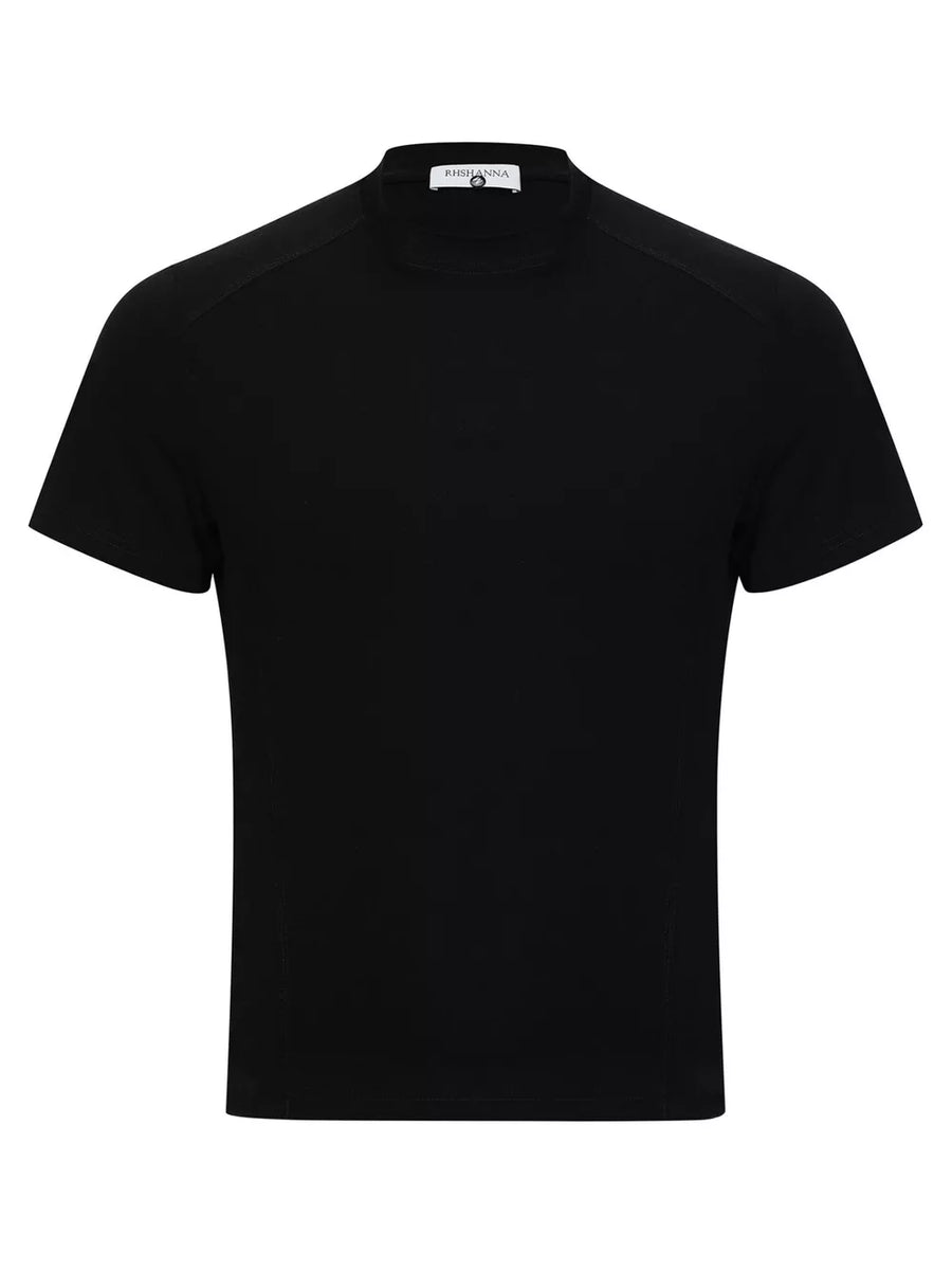 Black athletic fit mock neck t-shirt with short sleeves.