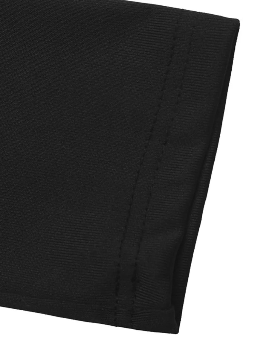 one-shoulder top in black with lace trim and hip-length