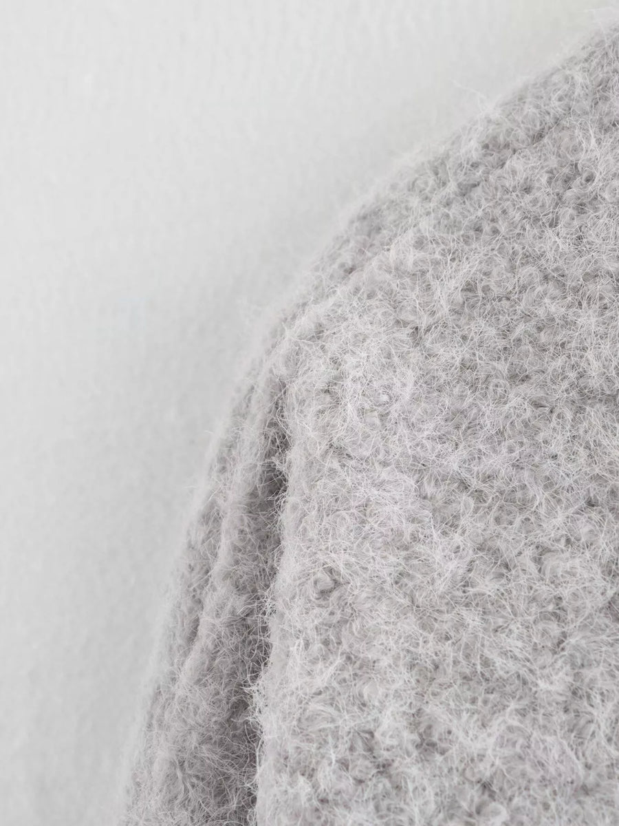 Textured knit tie-front coat in silver gray with a fuzzy, cozy feel.