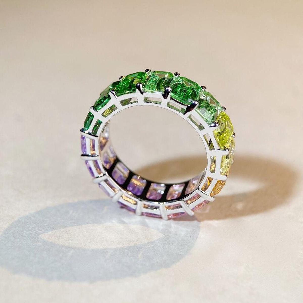925 Sterling Silver Light Green Zircon Ring in green with multi-colored stones