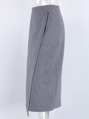 High-waisted Wrap Midi Skirt in slate gray with asymmetrical