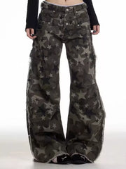 Star-embellished distressed wide-leg jeans in dark grey cotton with raw hems.