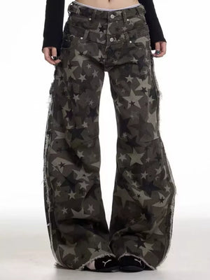 Star-embellished distressed wide-leg jeans in dark grey cotton with raw hems.