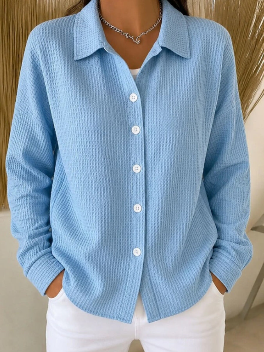 sky blue button-down shirt with waffle knit and collared