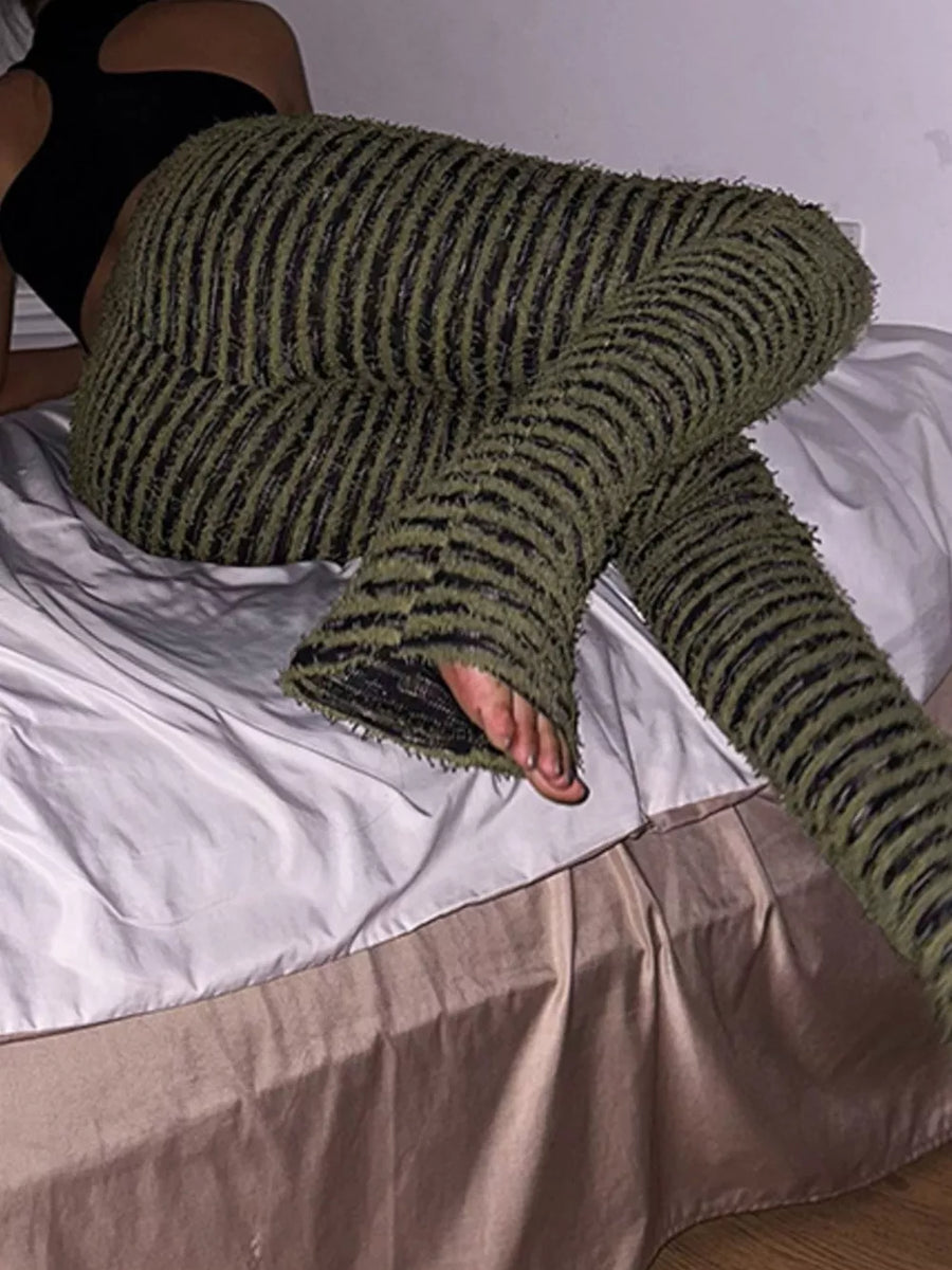 Striped Fuzzy Knit Pants in Army Green