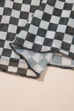 Plaid Stand Neck Long Sleeve Mesh Top option 10
