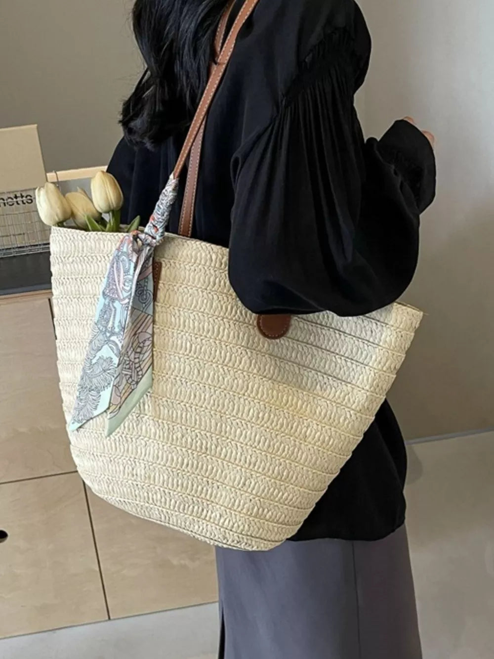 Beige White with Straw Woven Shoulder Bag in Beige White