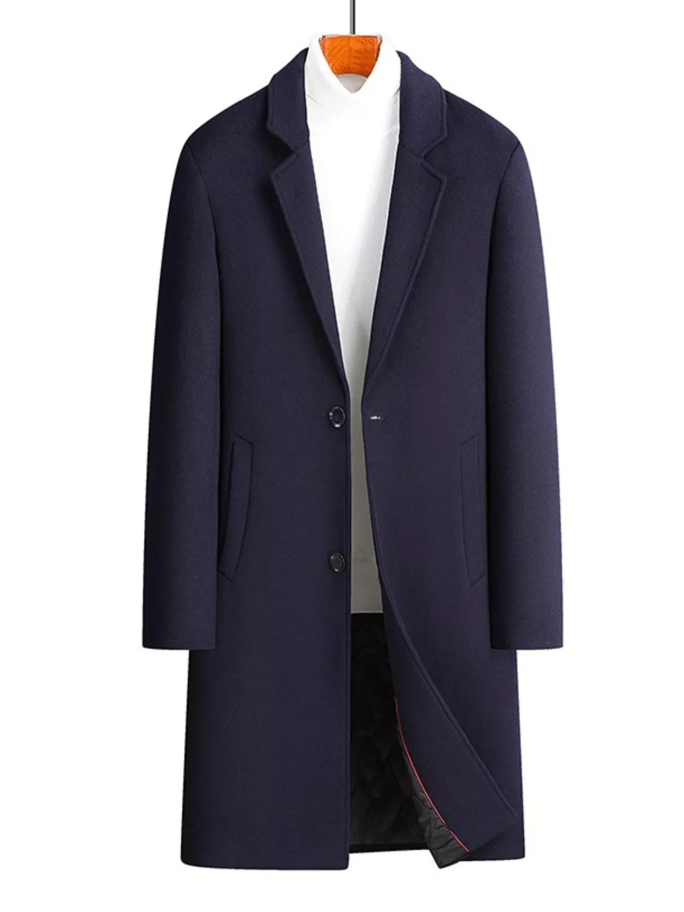 Men's navy classic overcoat with notch lapels and button closure, tailored fit.