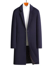 Men's navy classic overcoat with notch lapels and button closure, tailored fit.