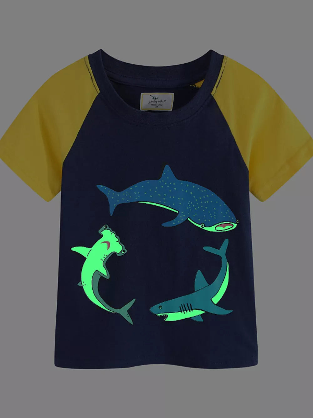 Navy cotton t-shirt with yellow raglan sleeves and a graphic of three glowing sharks.