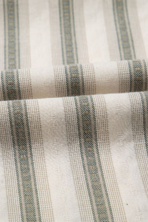 Striped linen blouse fabric with gathered sleeve texture detail