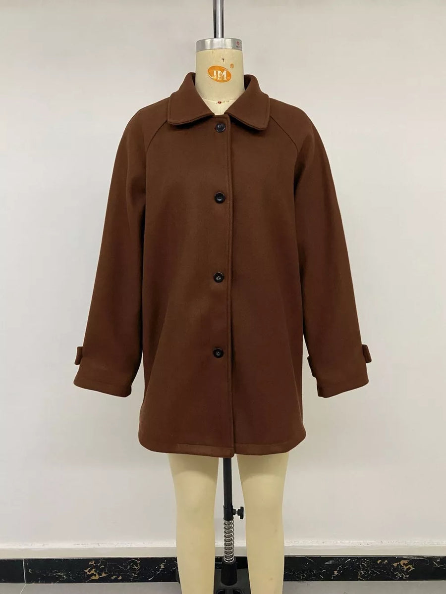 Single-breasted Raglan Sleeve Jacket in Coffee Brown with buttoned