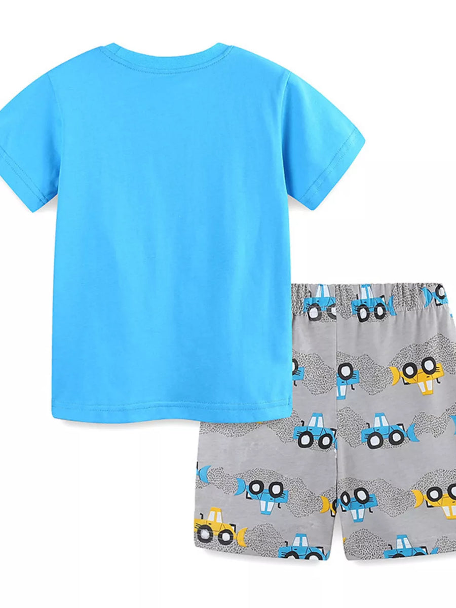 Toddler blue cotton blend t-shirt and grey shorts with construction vehicle print.