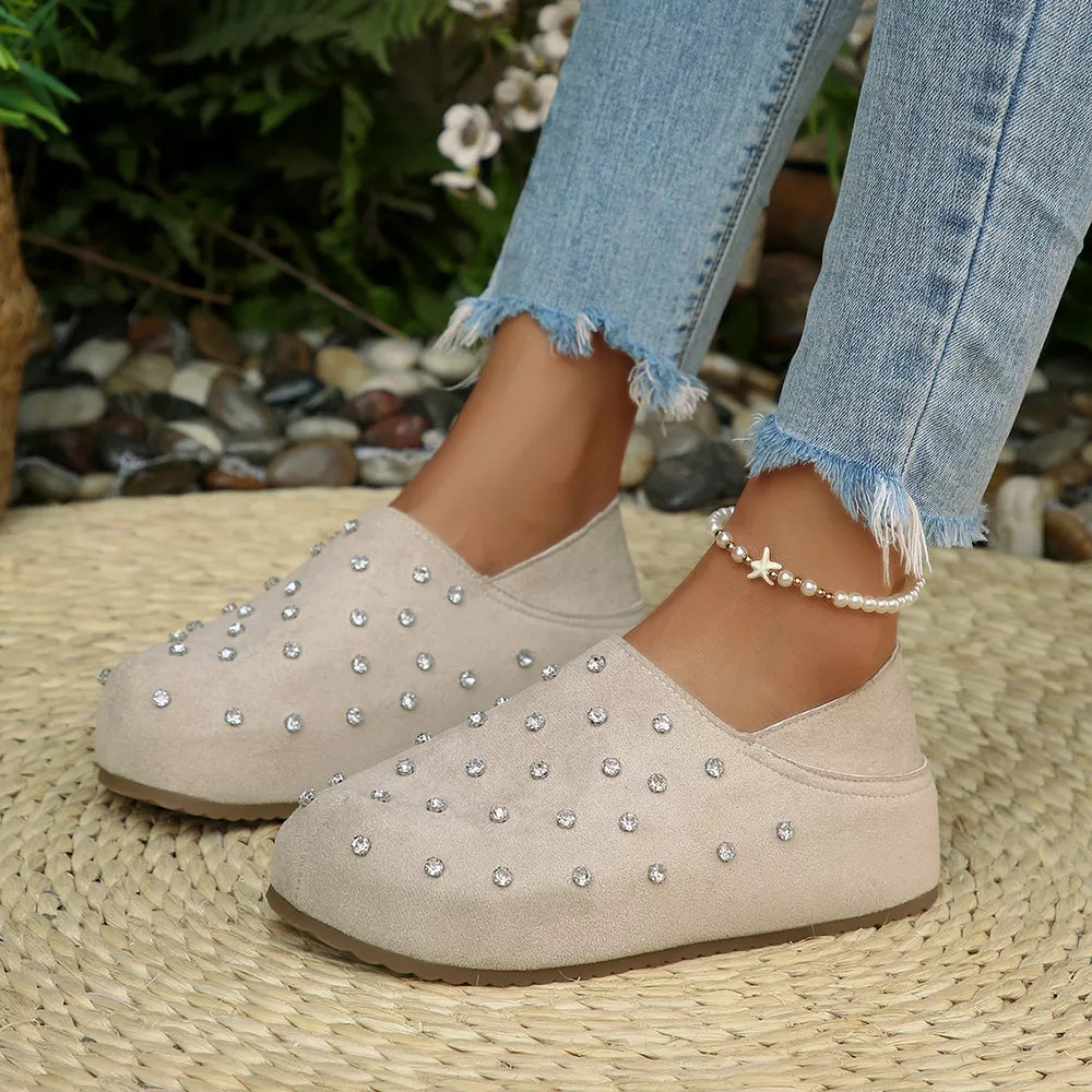 Polyester, Rubber, Rhinestone Imported Size &amp slip-ons in tan with flats silhouette
