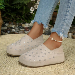 Polyester, Rubber, Rhinestone Imported Size &amp slip-ons in tan with flats silhouette
