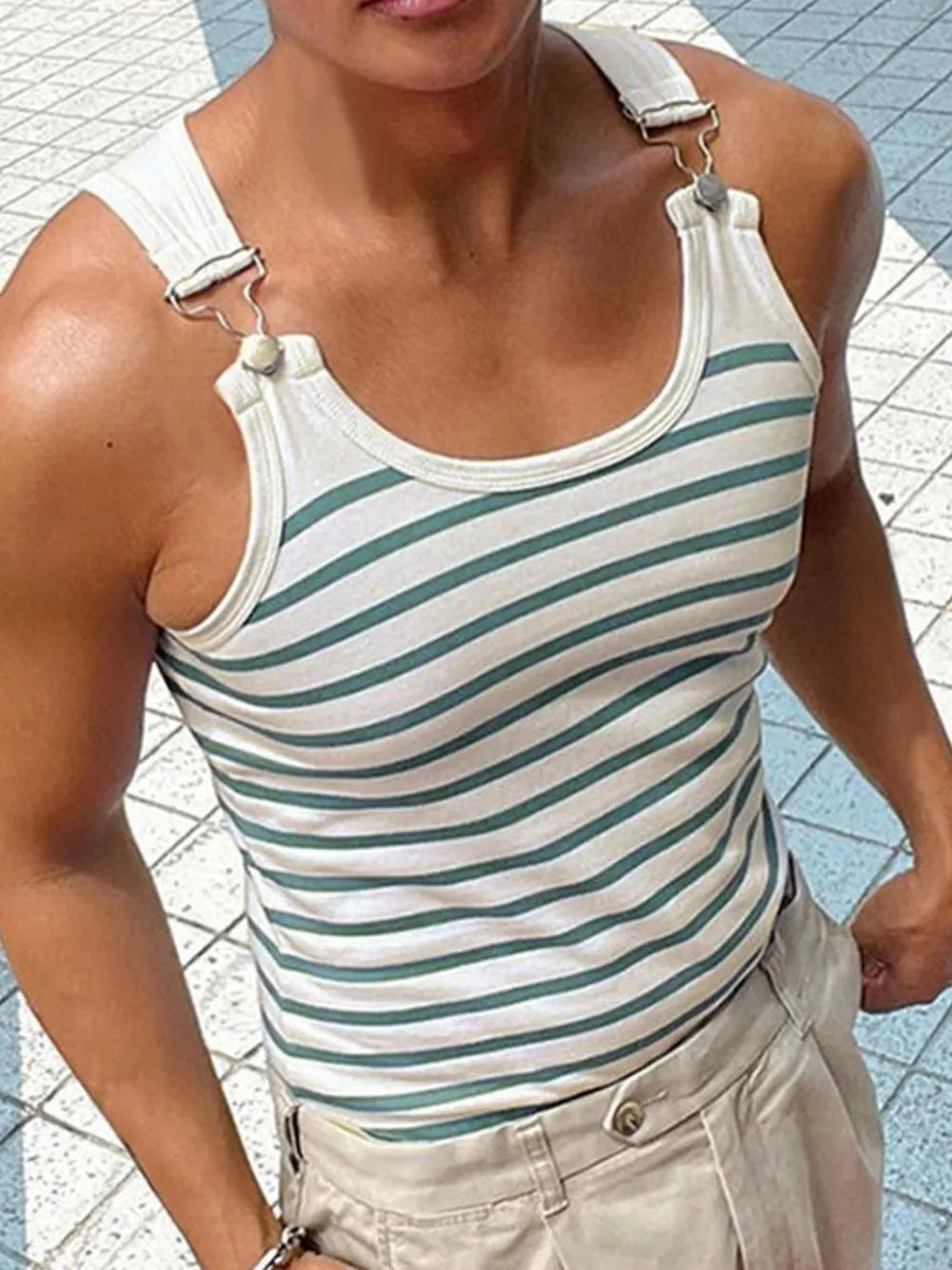 Breton stripe tank top in Air Force Blue with harness detail and metal clasps.