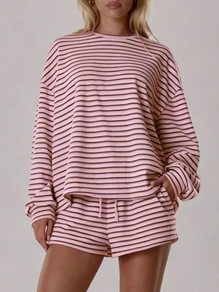pajama set in cream with drawstring and hip-length (top), mini (shorts)