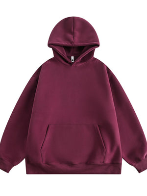 Maroon hooded sweatshirt with front pocket and long sleeves